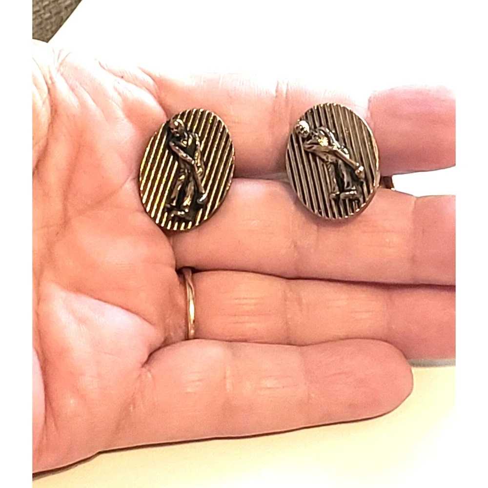 Golfer Cufflinks Golf Cuff Links Vintage Gift for Him Gold-tone Mid-Century cl-‎